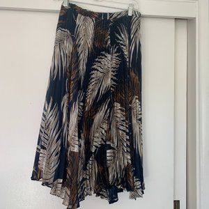 Navy Palm Frond Pleated Skirt
